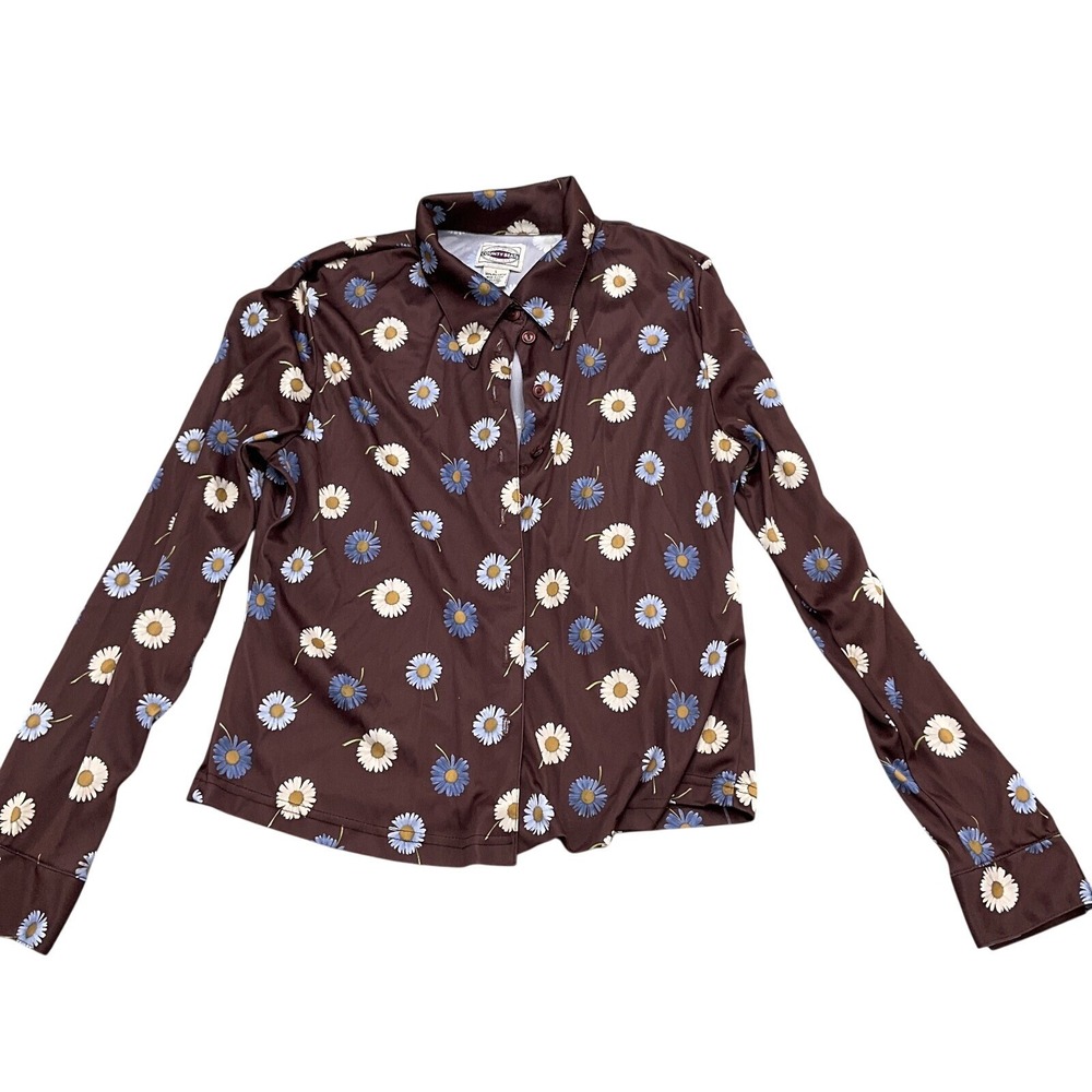 County Seat Shirt Women Large Brown Blue Daisy 70s‎ Polyester Dagger VTG USA